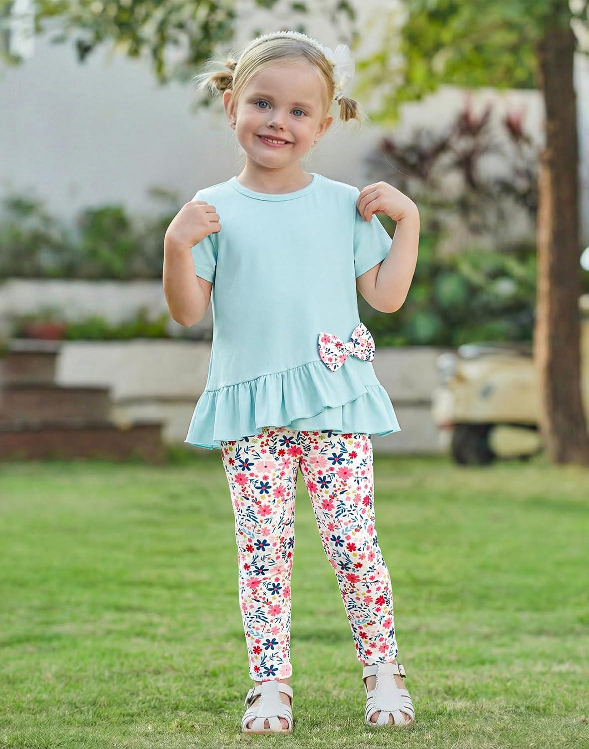 image:imageArshiner Toddler Girl Clothes Summer 2 Piece Outfits Ruffle Hem Short Sleeve Top and Printed Leggings Kids Clothing SetsBlue Floral