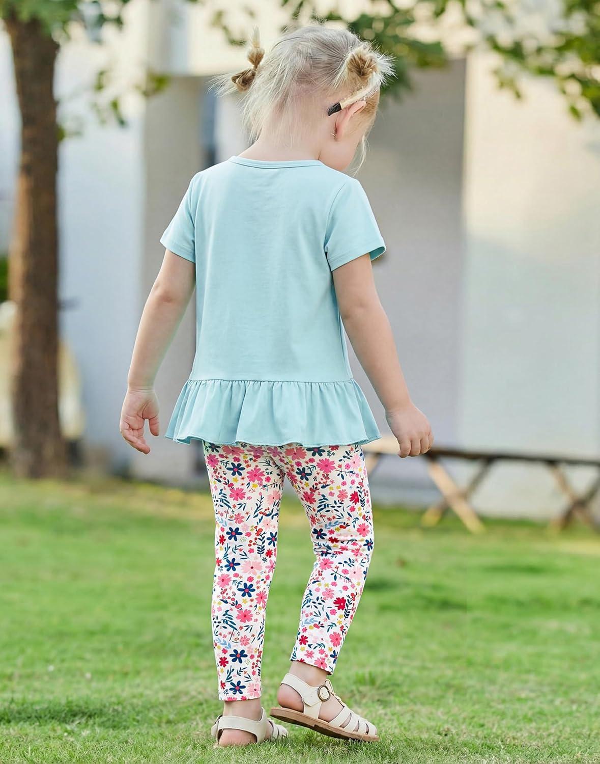 image:imageArshiner Toddler Girl Clothes Summer 2 Piece Outfits Ruffle Hem Short Sleeve Top and Printed Leggings Kids Clothing SetsBlue Floral