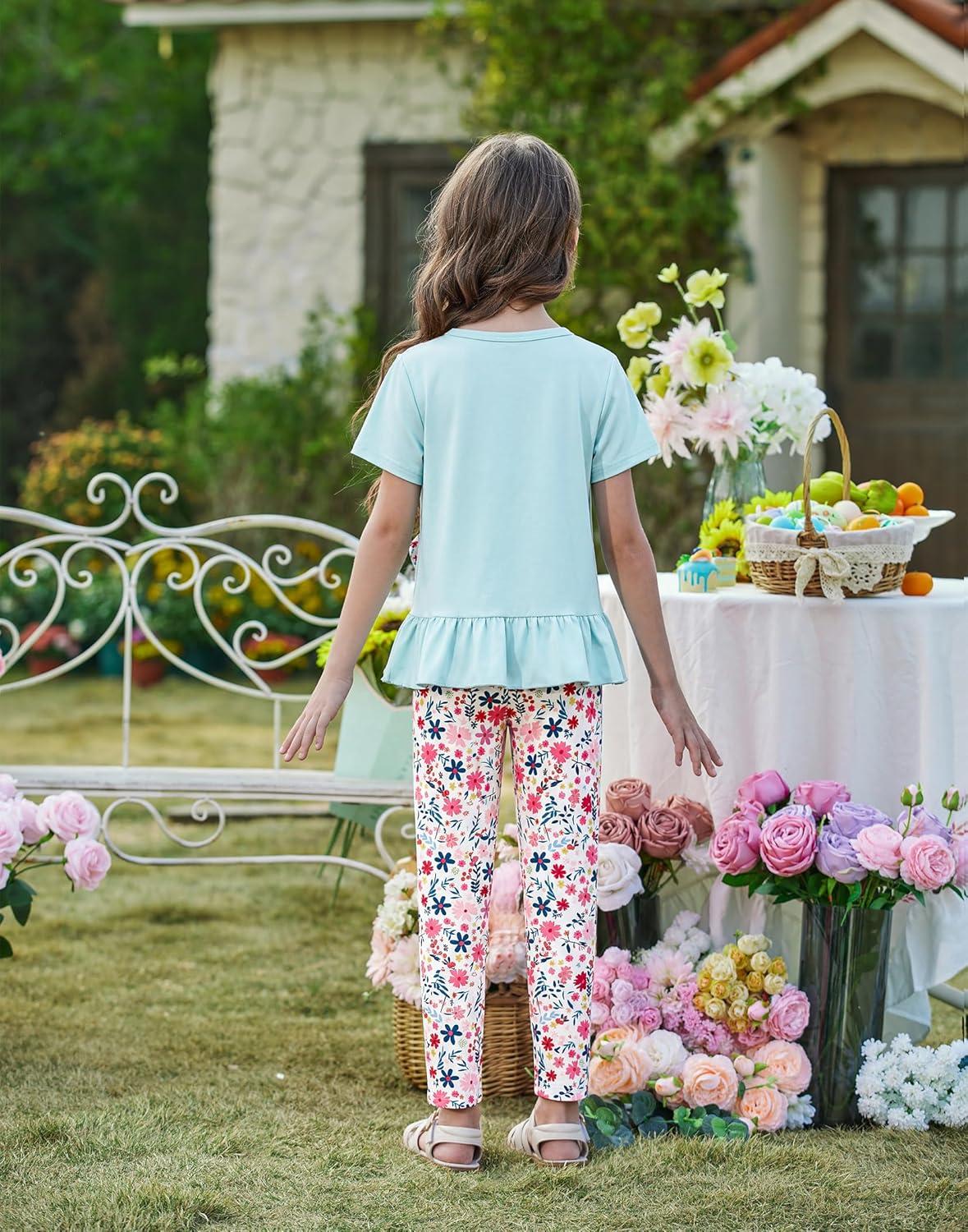 image:imageArshiner Toddler Girl Clothes Summer 2 Piece Outfits Ruffle Hem Short Sleeve Top and Printed Leggings Kids Clothing SetsBlue Floral