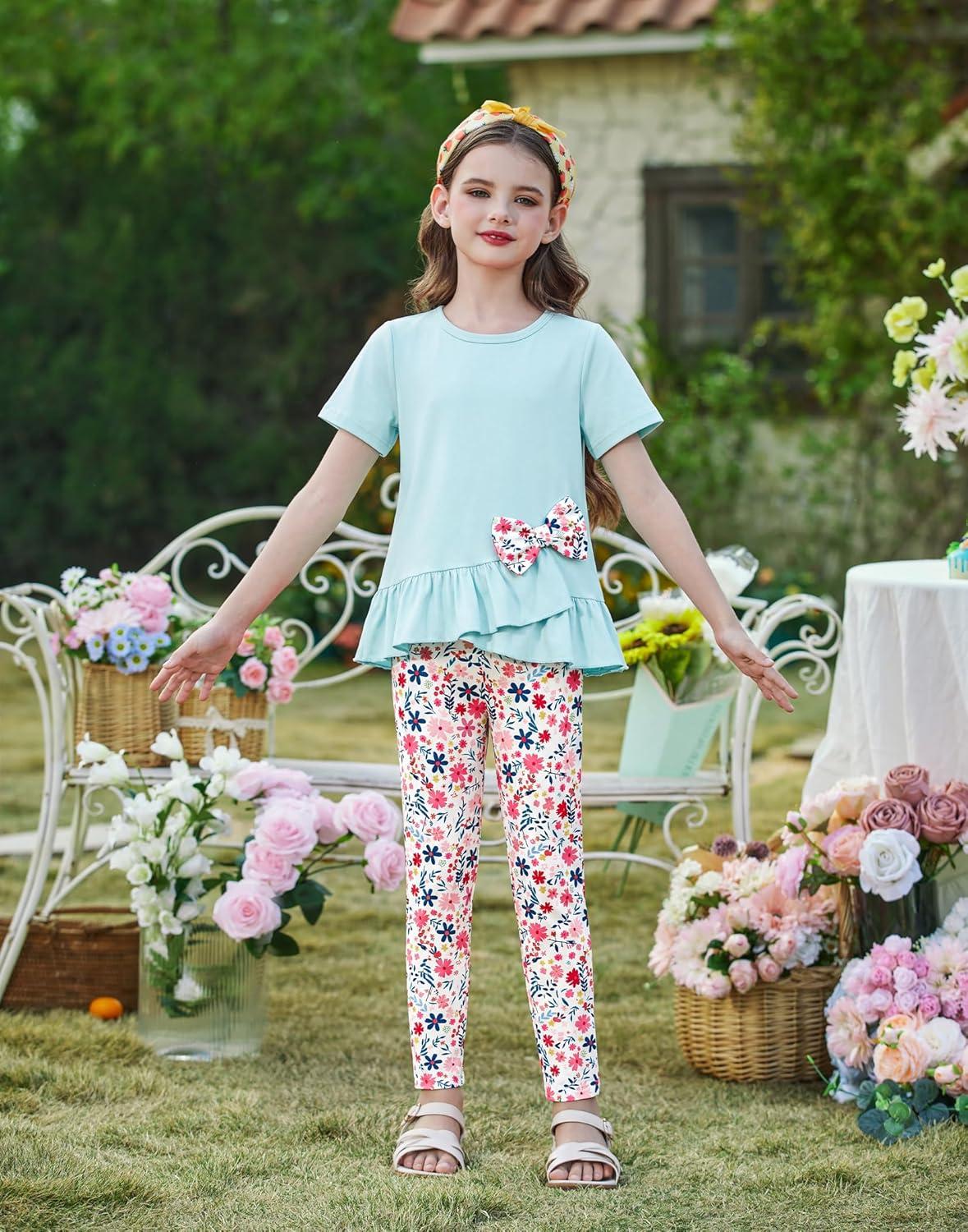image:imageArshiner Toddler Girl Clothes Summer 2 Piece Outfits Ruffle Hem Short Sleeve Top and Printed Leggings Kids Clothing SetsBlue Floral