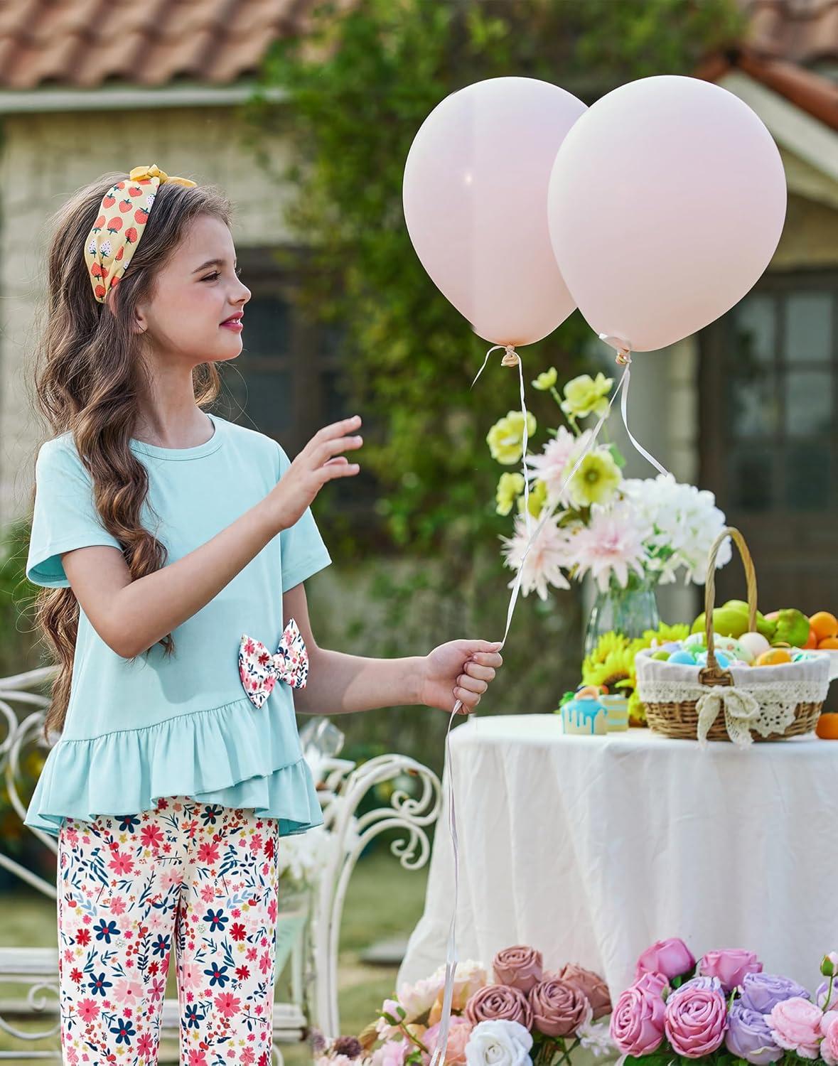 image:imageArshiner Toddler Girl Clothes Summer 2 Piece Outfits Ruffle Hem Short Sleeve Top and Printed Leggings Kids Clothing SetsBlue Floral