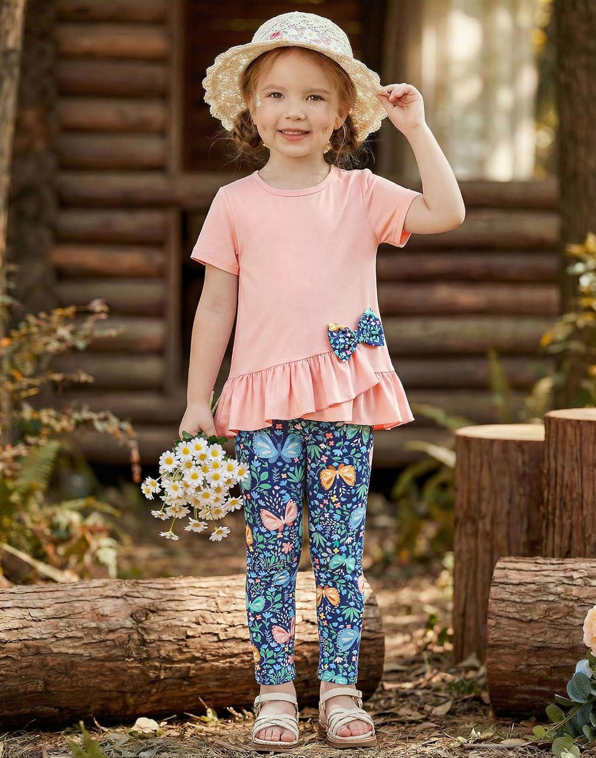 image:imageArshiner Toddler Girl Clothes Summer 2 Piece Outfits Ruffle Hem Short Sleeve Top and Printed Leggings Kids Clothing SetsPeach Butterfly