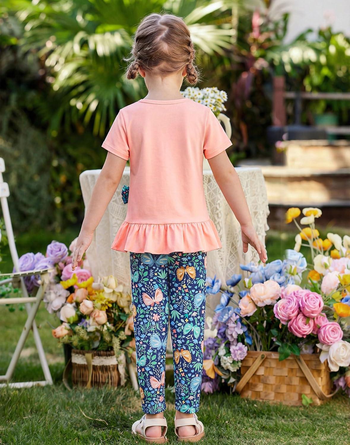 image:imageArshiner Toddler Girl Clothes Summer 2 Piece Outfits Ruffle Hem Short Sleeve Top and Printed Leggings Kids Clothing SetsPeach Butterfly