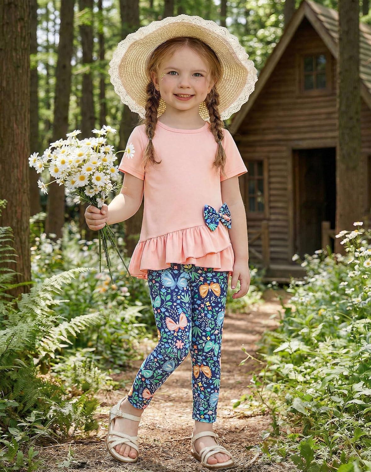 image:imageArshiner Toddler Girl Clothes Summer 2 Piece Outfits Ruffle Hem Short Sleeve Top and Printed Leggings Kids Clothing SetsPeach Butterfly