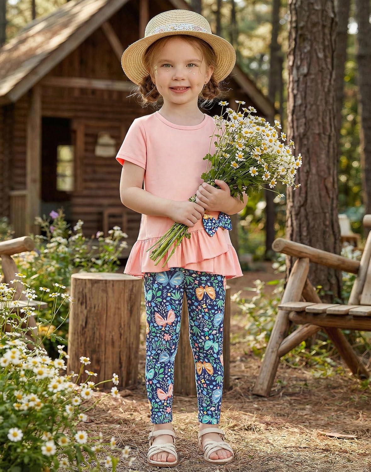 image:imageArshiner Toddler Girl Clothes Summer 2 Piece Outfits Ruffle Hem Short Sleeve Top and Printed Leggings Kids Clothing SetsPeach Butterfly