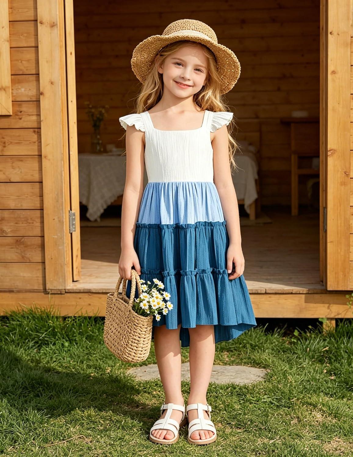 image:imageArshiner Toddler Girls Dress Ruffle HighLow Hem Smocked Dresses Summer Beach Butterfly Sundress with PocketBlue Color Block