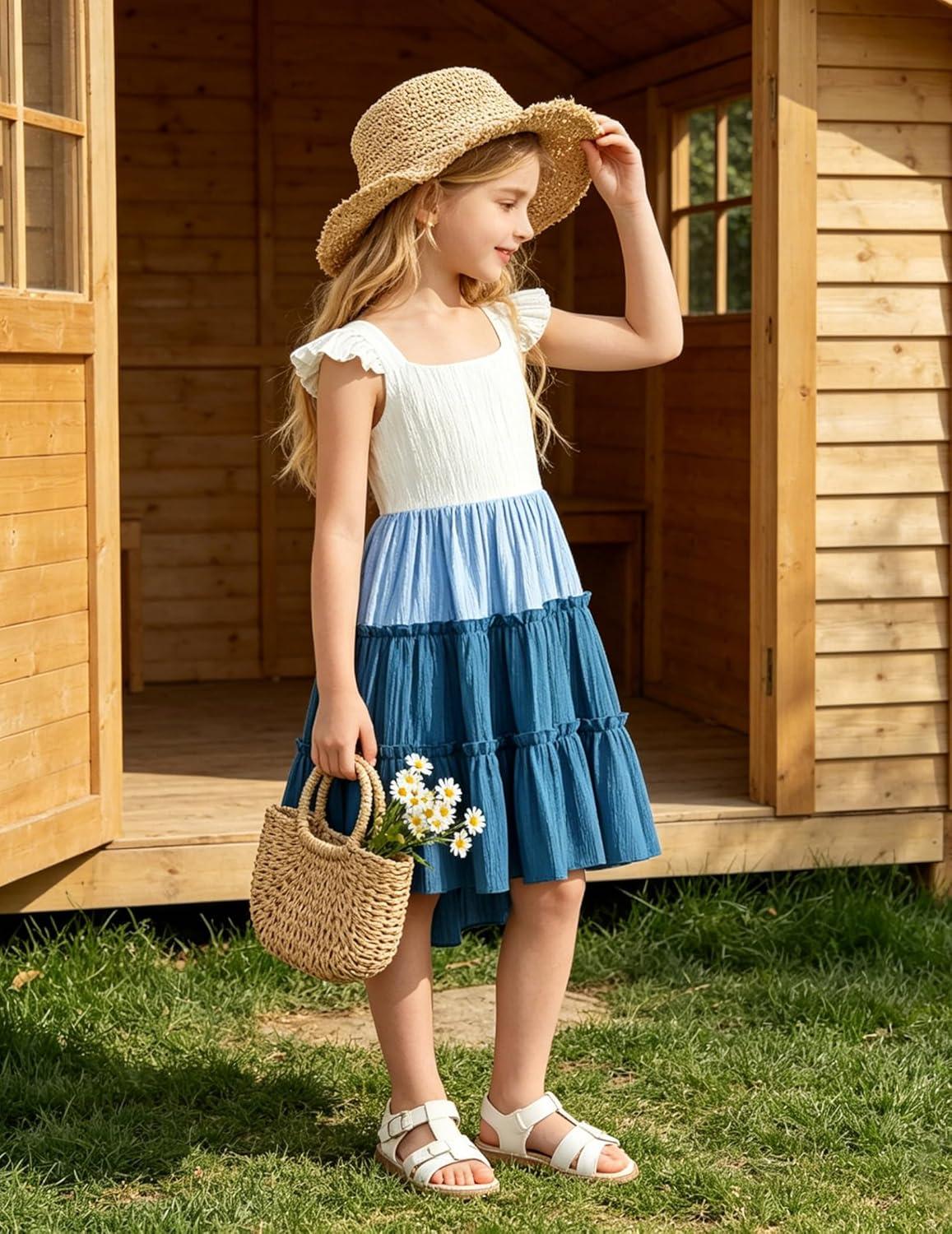 image:imageArshiner Toddler Girls Dress Ruffle HighLow Hem Smocked Dresses Summer Beach Butterfly Sundress with PocketBlue Color Block
