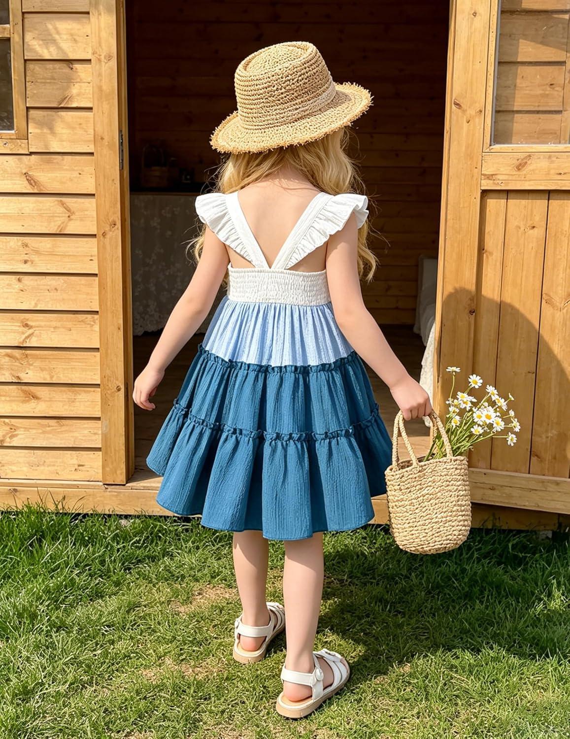 image:imageArshiner Toddler Girls Dress Ruffle HighLow Hem Smocked Dresses Summer Beach Butterfly Sundress with PocketBlue Color Block