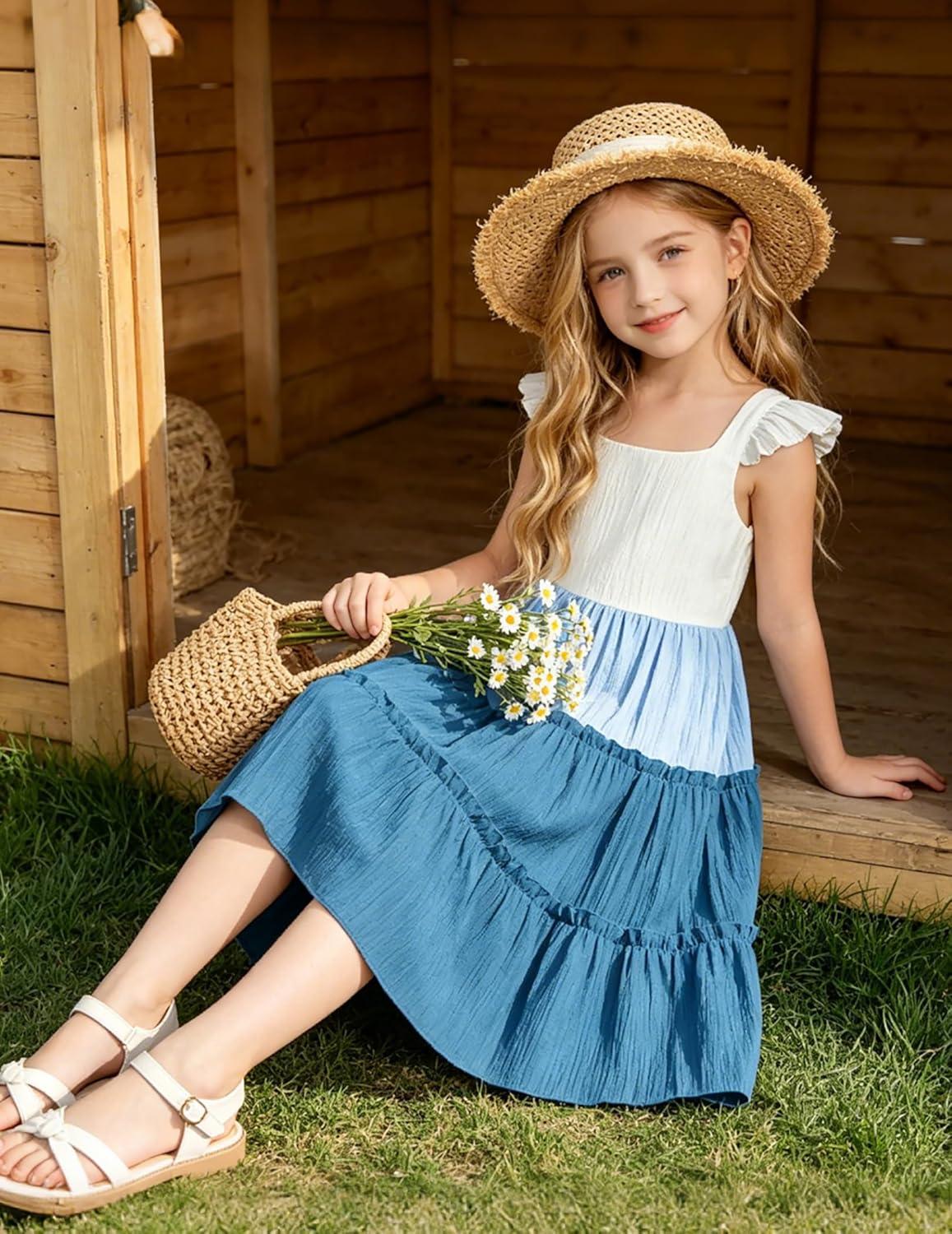 image:imageArshiner Toddler Girls Dress Ruffle HighLow Hem Smocked Dresses Summer Beach Butterfly Sundress with PocketBlue Color Block