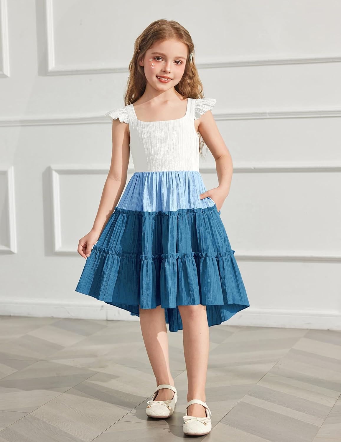 image:imageArshiner Toddler Girls Dress Ruffle HighLow Hem Smocked Dresses Summer Beach Butterfly Sundress with PocketBlue Color Block