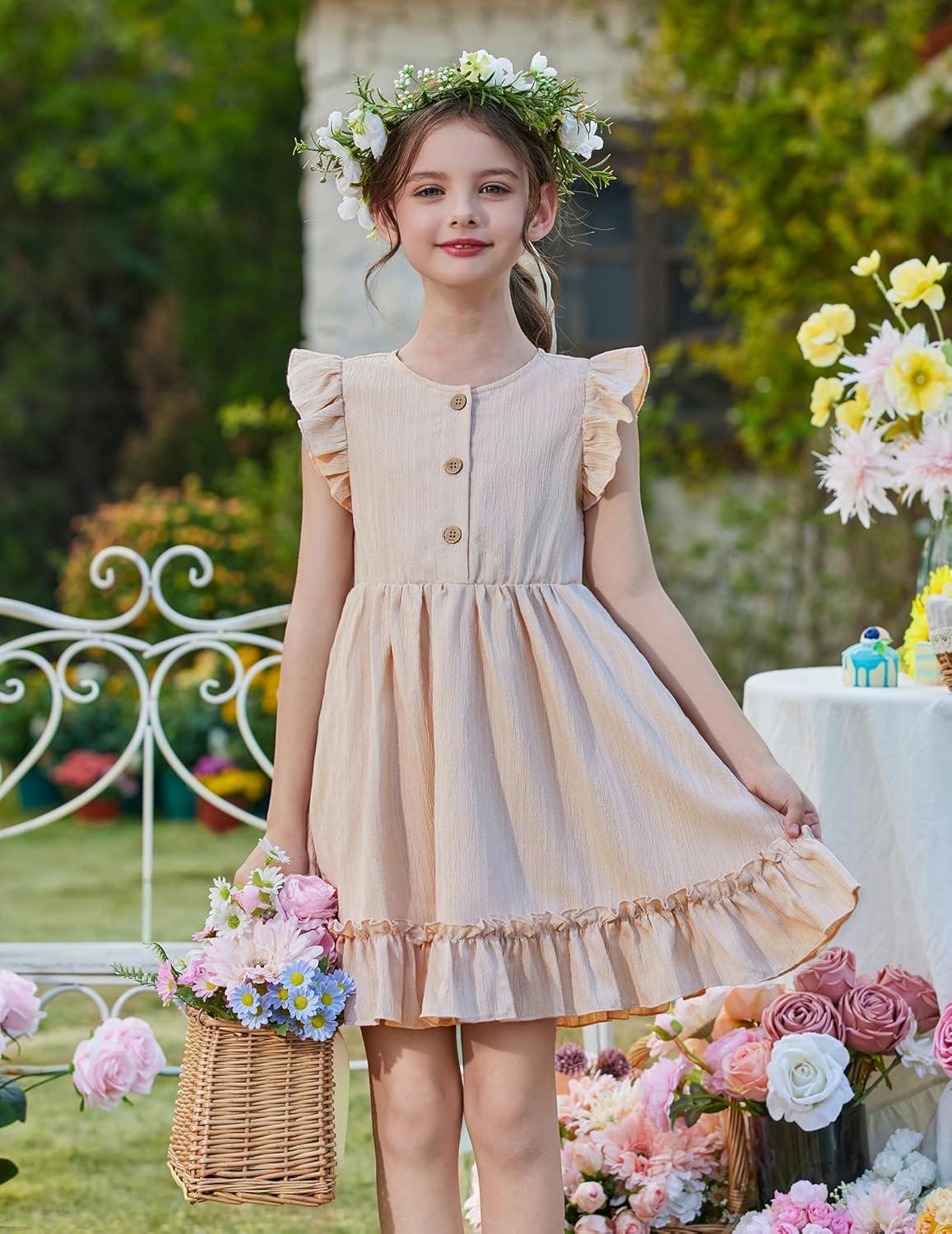 image:imageArshiner Toddler Girls Dress Ruffle Sleeveless Button Down Dresses Summer Beach Casual Sundress with Pocket for 17YBeige