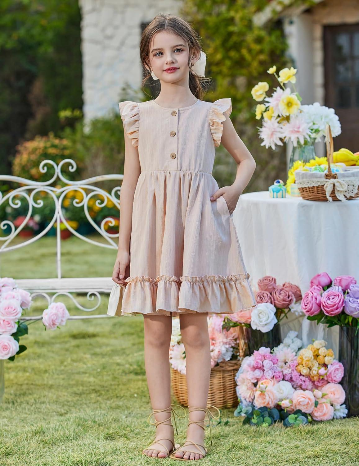 image:imageArshiner Toddler Girls Dress Ruffle Sleeveless Button Down Dresses Summer Beach Casual Sundress with Pocket for 17YBeige