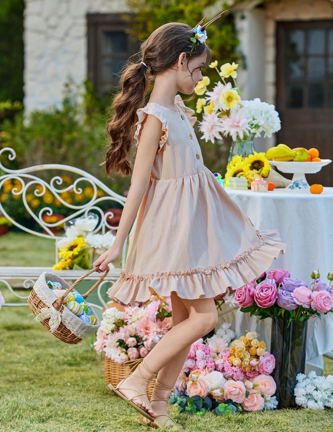 image:imageArshiner Toddler Girls Dress Ruffle Sleeveless Button Down Dresses Summer Beach Casual Sundress with Pocket for 17YBeige