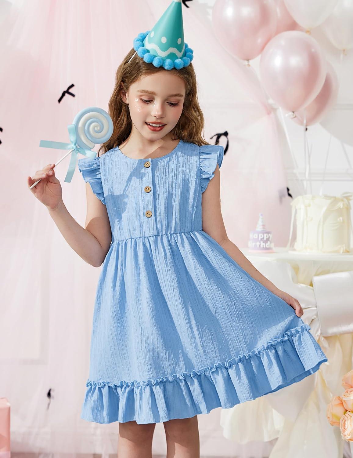 image:imageArshiner Toddler Girls Dress Ruffle Sleeveless Button Down Dresses Summer Beach Casual Sundress with Pocket for 17YBlue