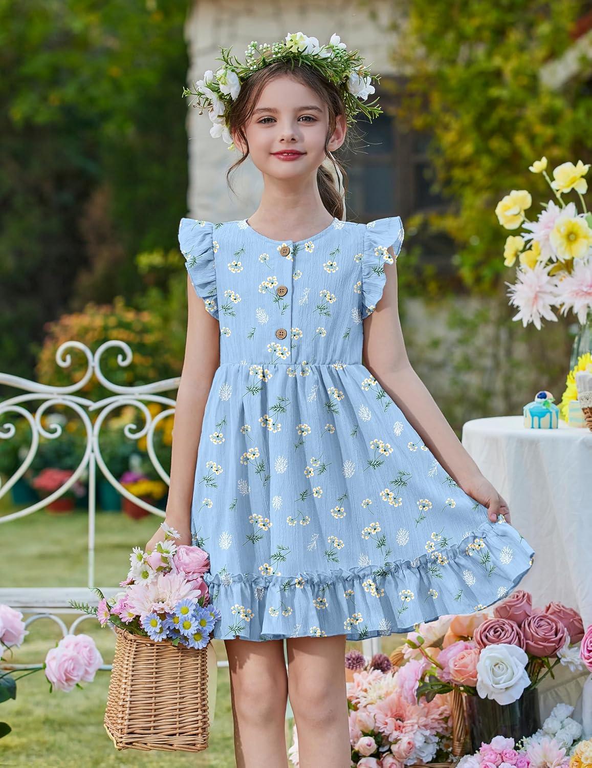 image:imageArshiner Toddler Girls Dress Ruffle Sleeveless Button Down Dresses Summer Beach Casual Sundress with Pocket for 17YBlue Floral