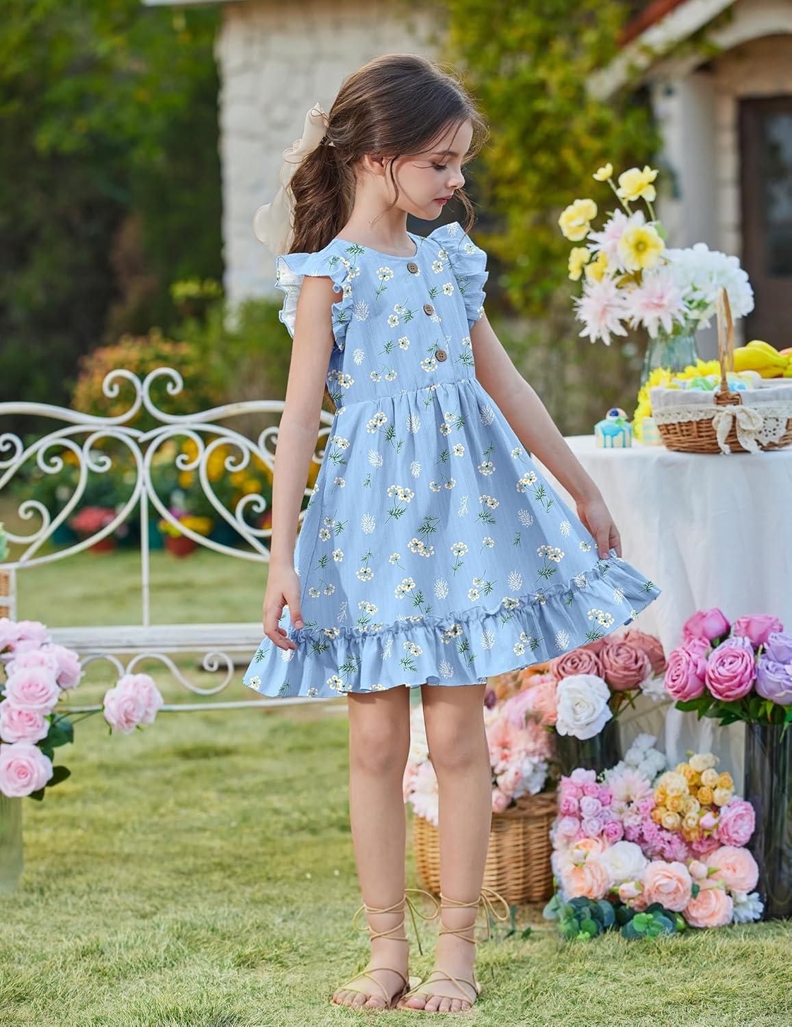 image:imageArshiner Toddler Girls Dress Ruffle Sleeveless Button Down Dresses Summer Beach Casual Sundress with Pocket for 17YBlue Floral