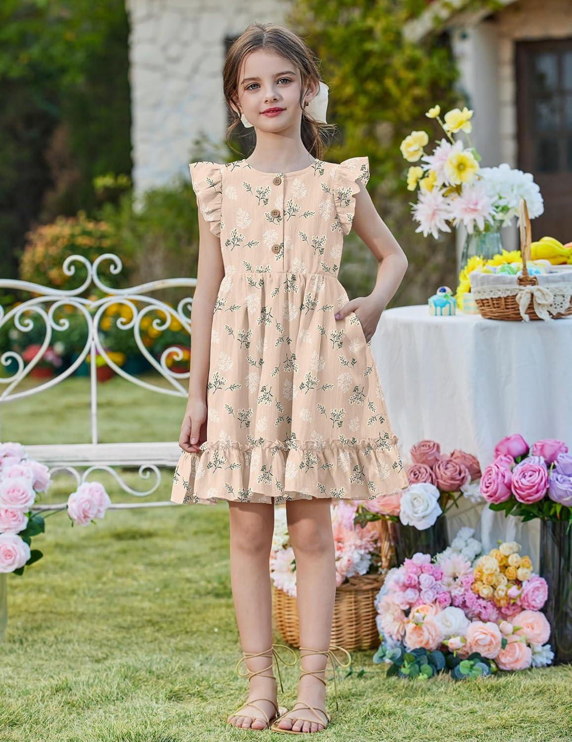 image:imageArshiner Toddler Girls Dress Ruffle Sleeveless Button Down Dresses Summer Beach Casual Sundress with Pocket for 17YKhaki Floral