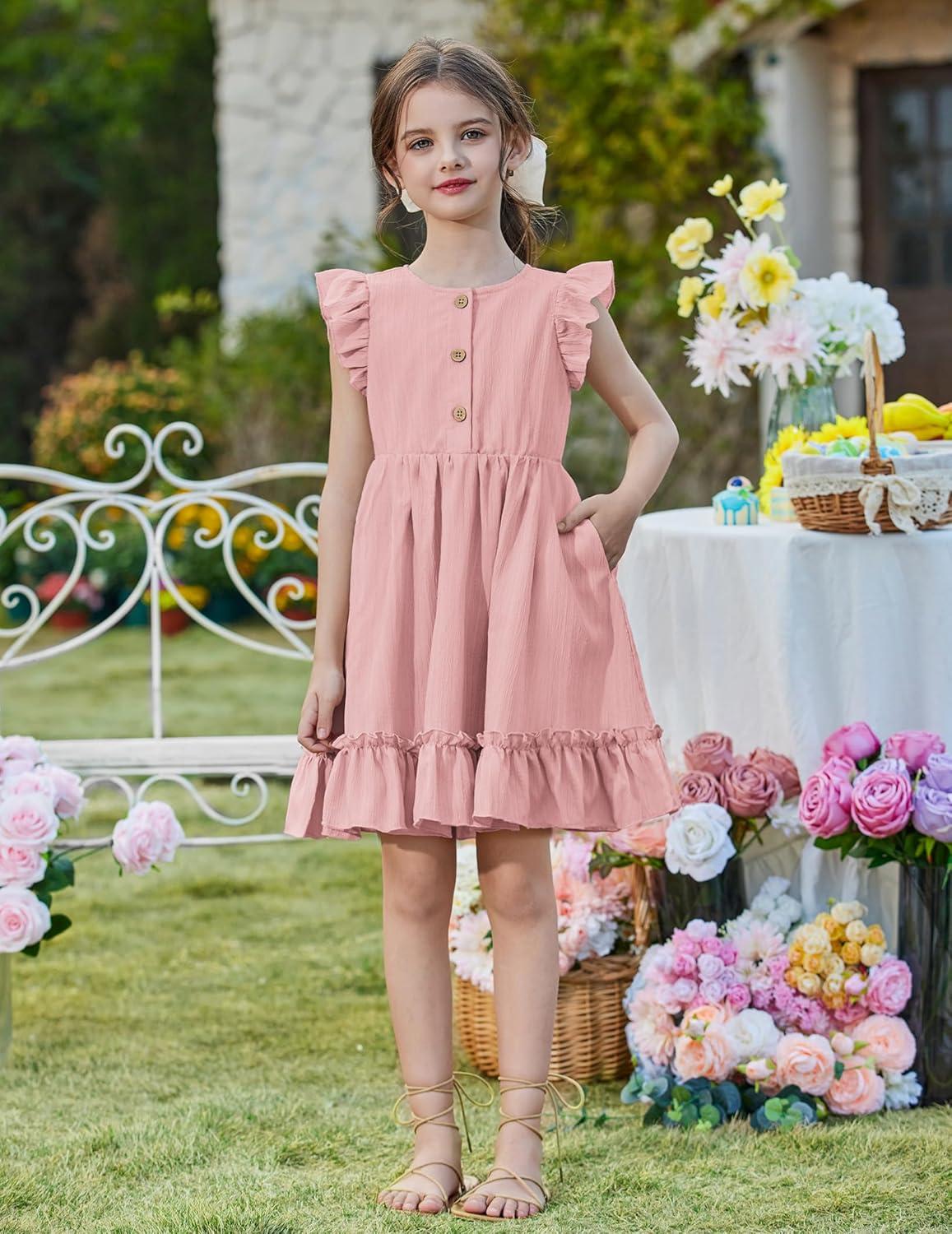 image:imageArshiner Toddler Girls Dress Ruffle Sleeveless Button Down Dresses Summer Beach Casual Sundress with Pocket for 17YPink