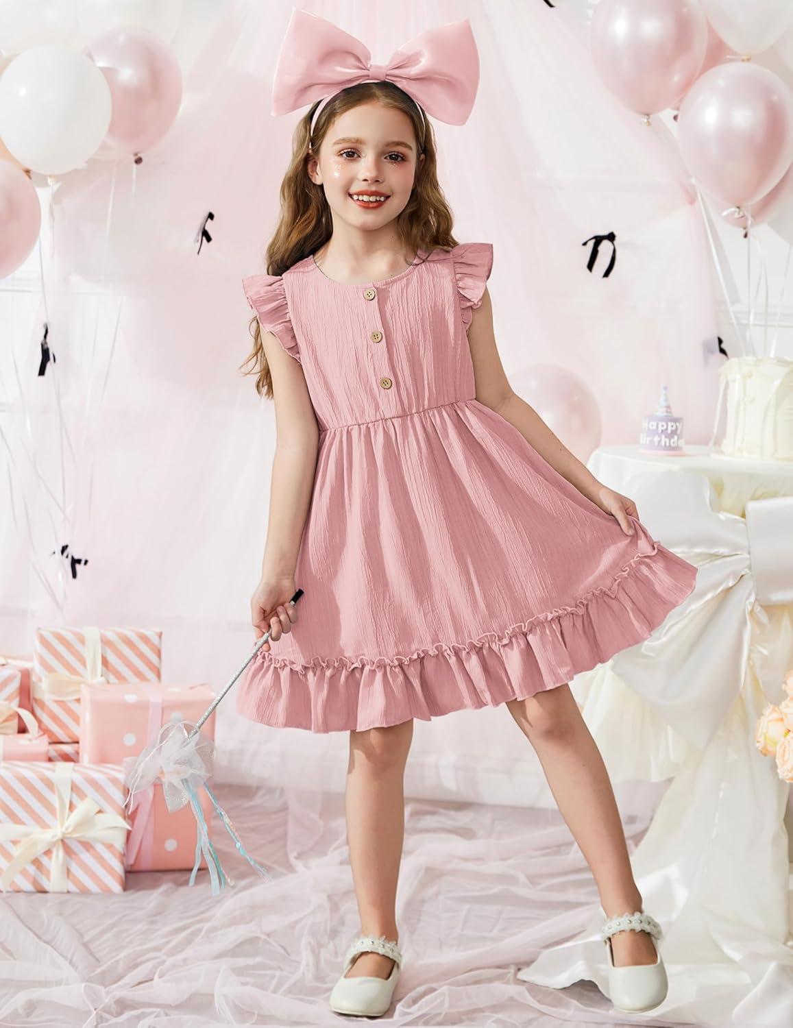 image:imageArshiner Toddler Girls Dress Ruffle Sleeveless Button Down Dresses Summer Beach Casual Sundress with Pocket for 17YPink