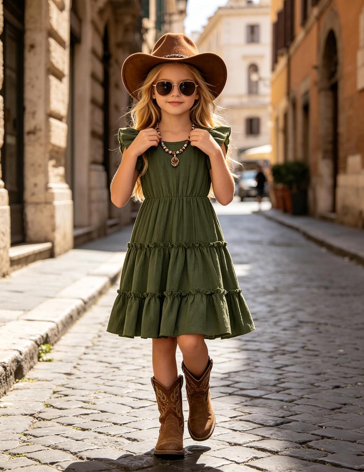 image:imageArshiner Toddler Girls Dress Ruffle Sleeveless Tiered Swing Twirly Dresses Cute Summer Beach Sundress with Pocket for 16TOlive Green