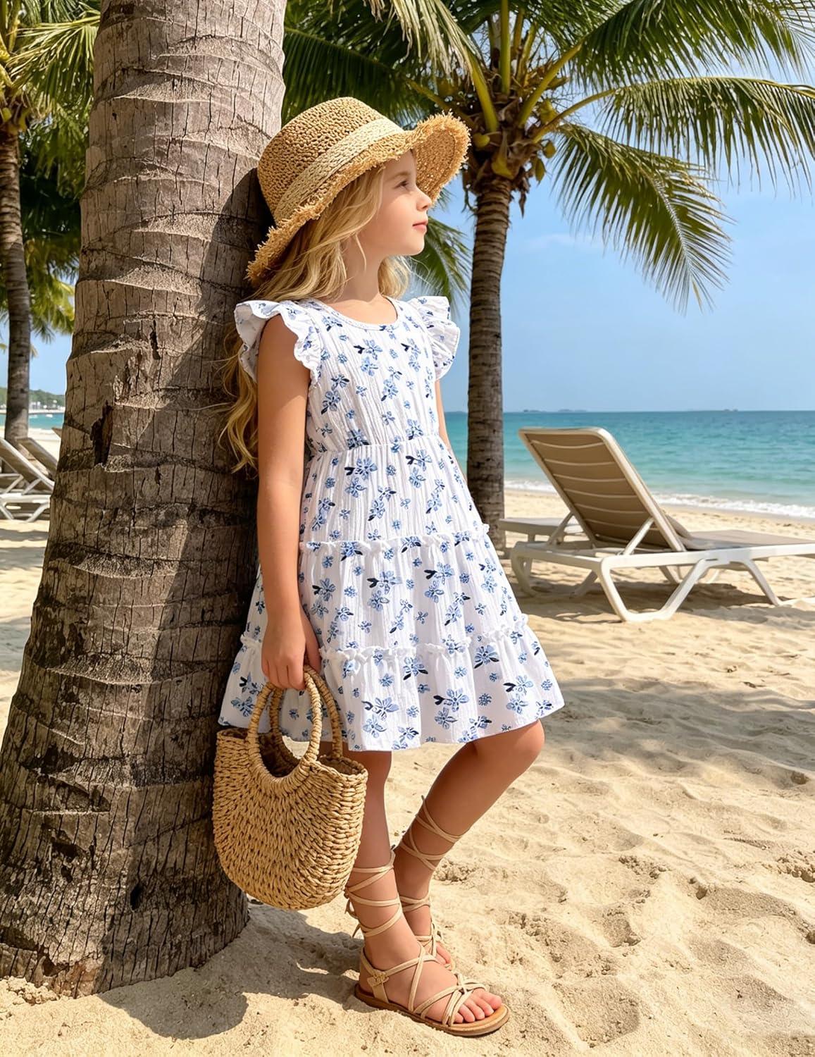 image:imageArshiner Toddler Girls Dress Ruffle Sleeveless Tiered Swing Twirly Dresses Cute Summer Beach Sundress with Pocket for 16TWhite Blue Floral