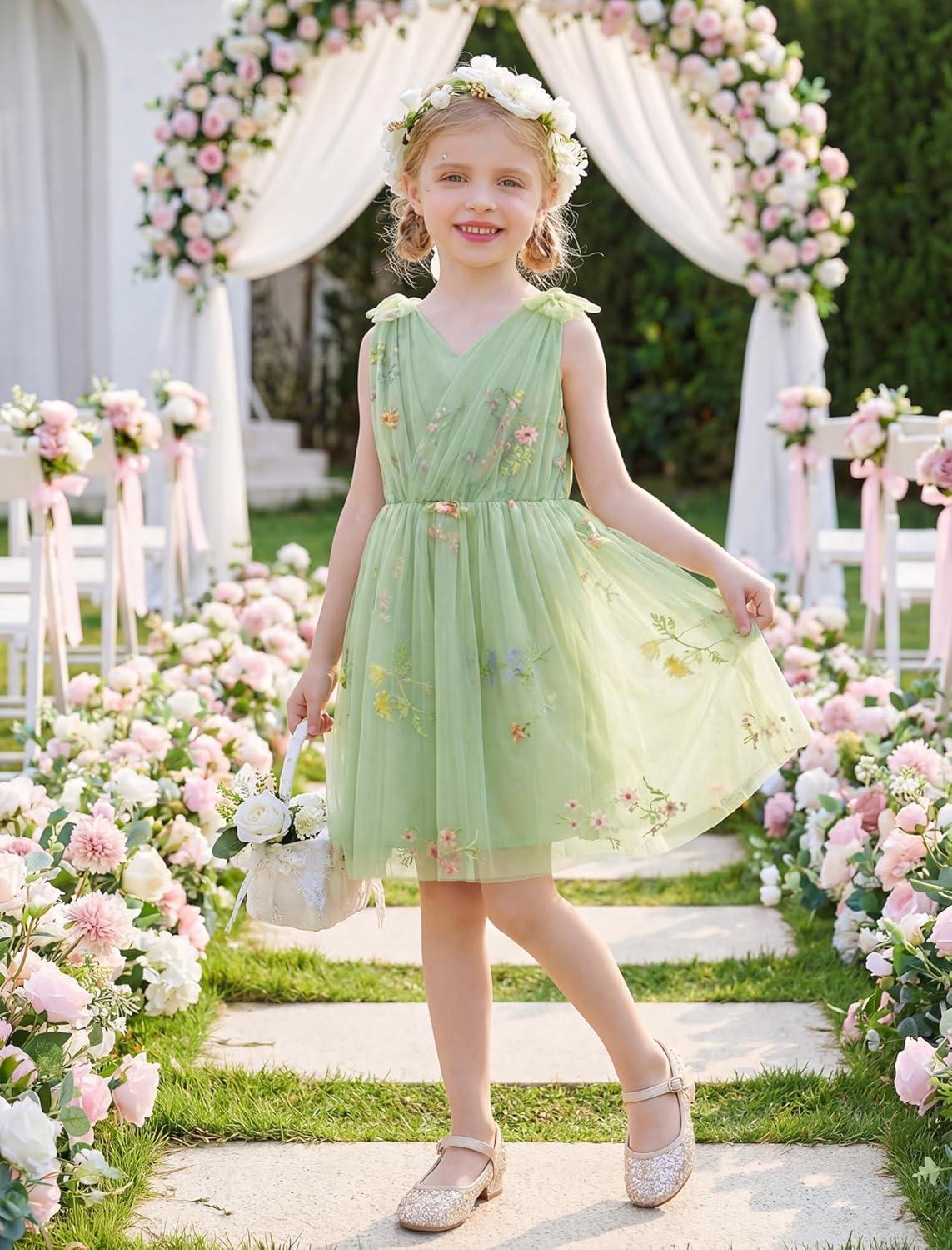 image:imageArshiner Tutu Tulle Dress for Toddler Girls Bowknot Sleeveless Flower Birthday Princess Party Summer DressesGreen Floral