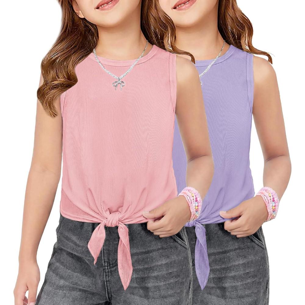 image:imageArshiner 2 Pack Girls Tank Tops Summer Tie Knot Ribbed Knit Sleeveless Crewneck Casual ShirtsPurpleLight Pink