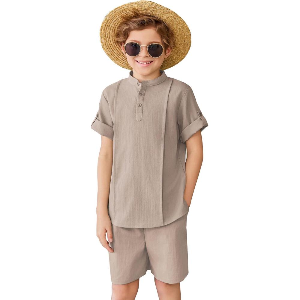 image:imageArshiner Boys 2 Pieces Linen Sets Short Sleeve Henley Shirt and Shorts Summer Beach Matching Outfits 412 YearsLight Khaki