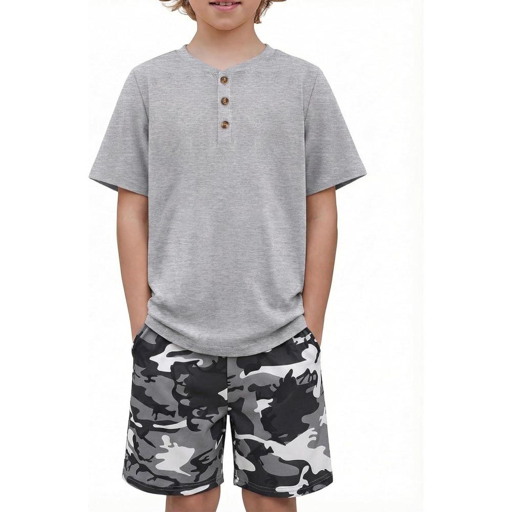 image:imageArshiner Boys Summer Clothing Sets 3button Short Sleeve Tee and Shorts Casual Outfits for 512 YearsGray  Black Camouflage