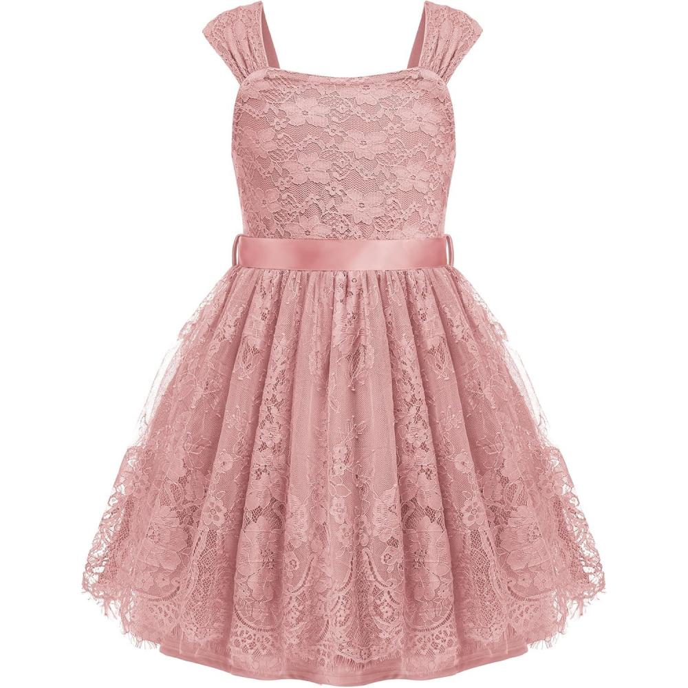 image:imageArshiner Flower Girl Dress ALine Formal Lace Party Dresses for Wedding Communion Princess Holiday Sundress with BeltDusty Pink