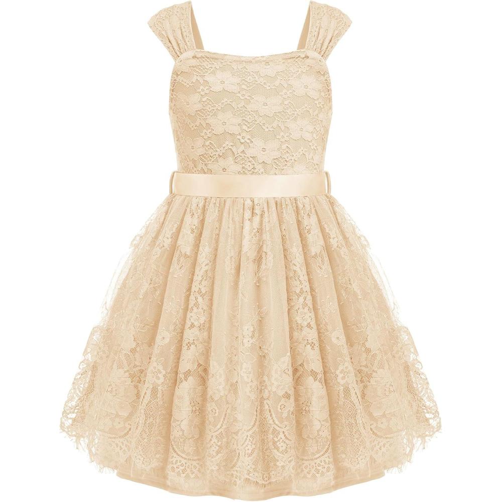 image:imageArshiner Flower Girl Dress ALine Formal Lace Party Dresses for Wedding Communion Princess Holiday Sundress with BeltIvory
