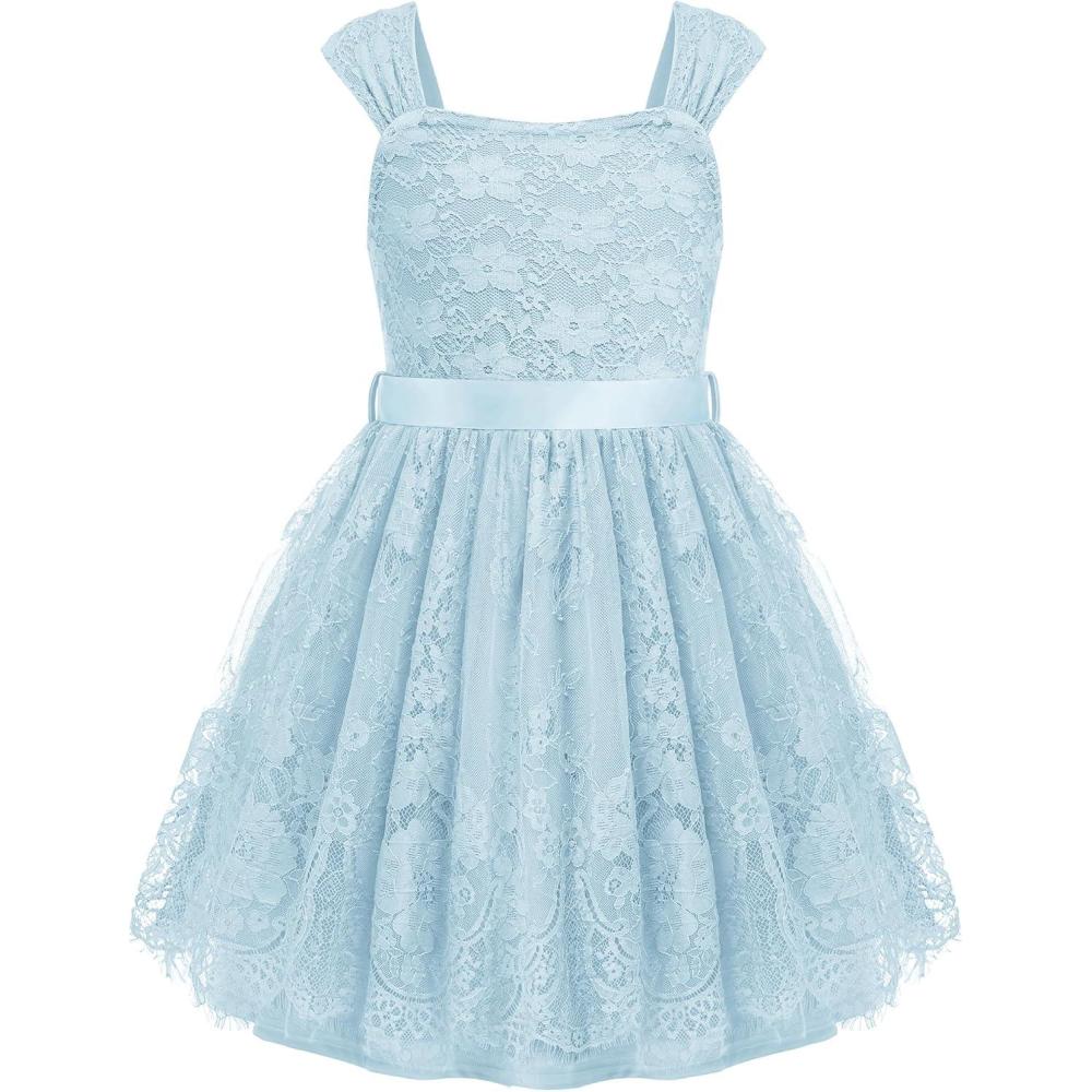 image:imageArshiner Flower Girl Dress ALine Formal Lace Party Dresses for Wedding Communion Princess Holiday Sundress with BeltLight Blue