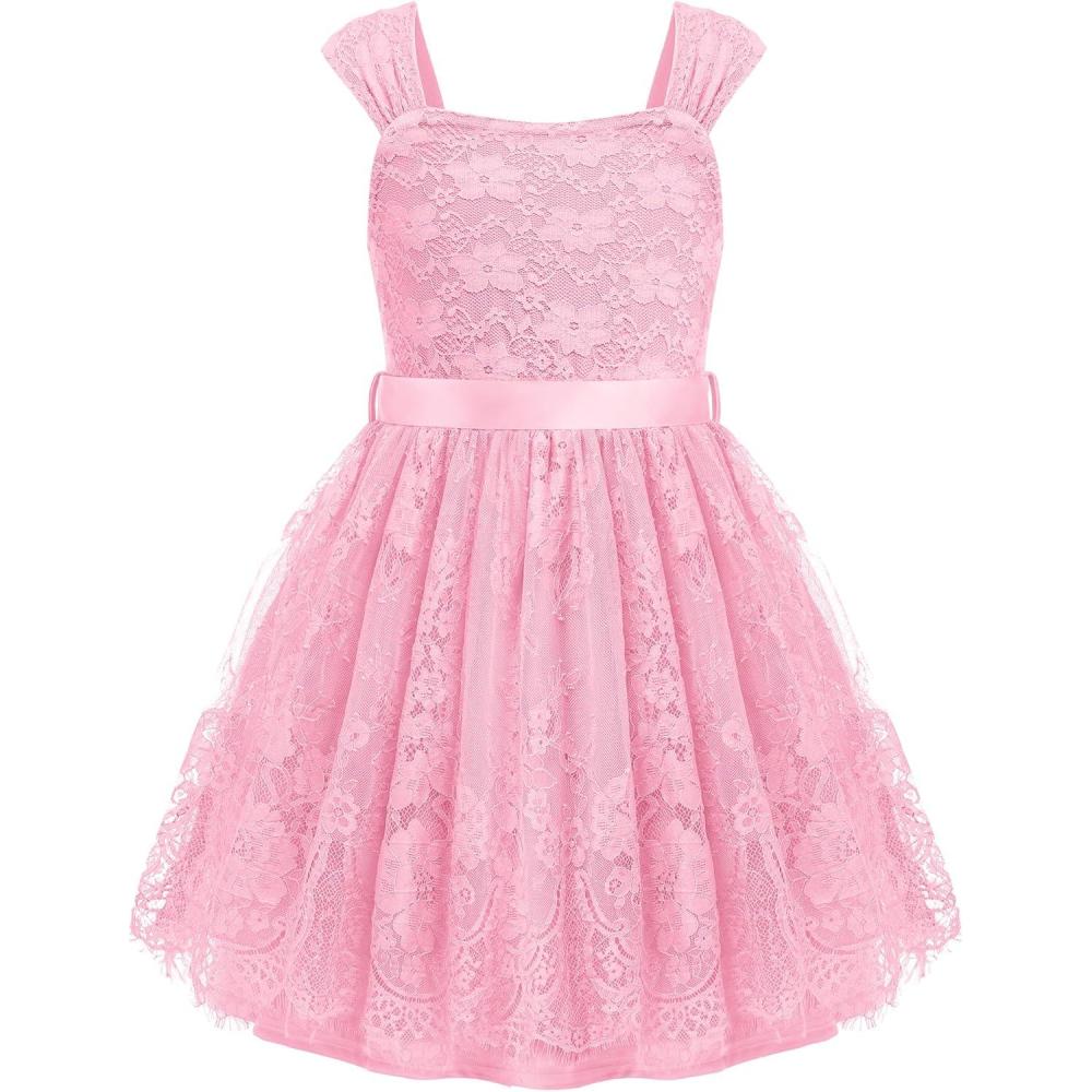 image:imageArshiner Flower Girl Dress ALine Formal Lace Party Dresses for Wedding Communion Princess Holiday Sundress with BeltPink