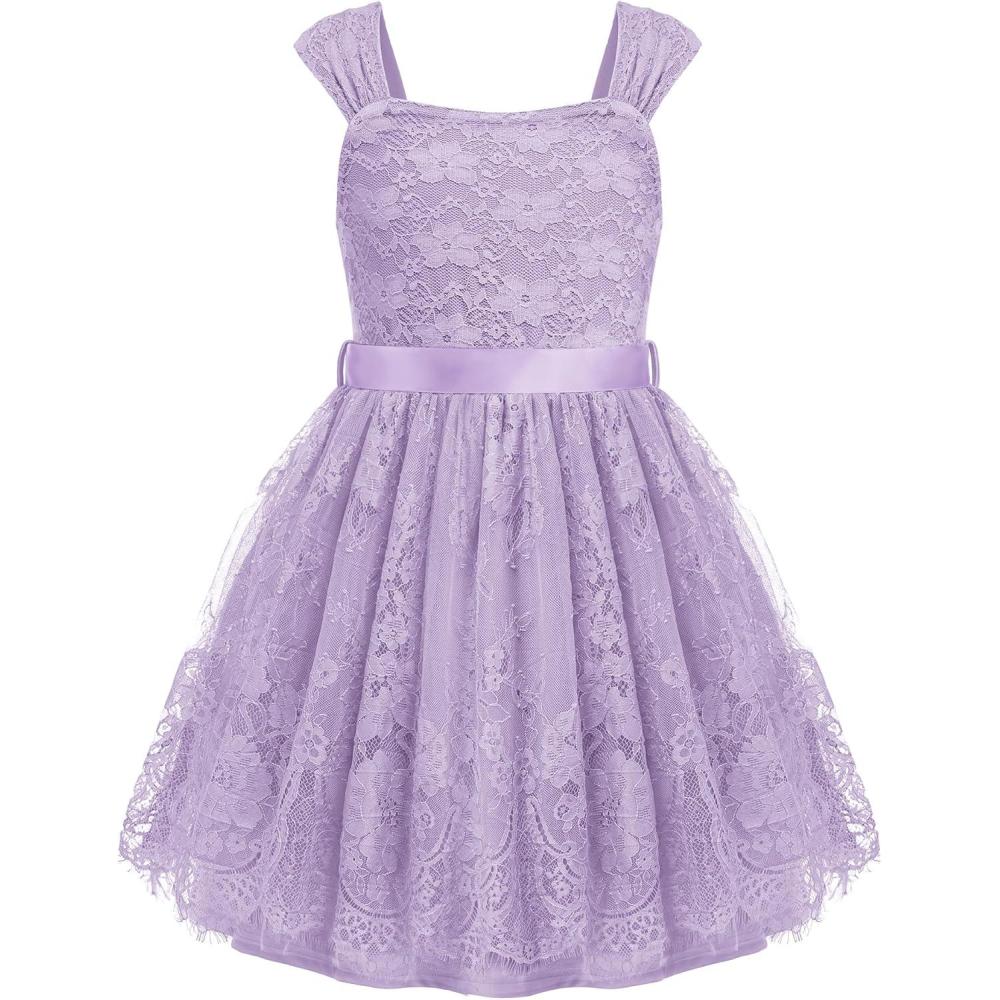 image:imageArshiner Flower Girl Dress ALine Formal Lace Party Dresses for Wedding Communion Princess Holiday Sundress with BeltPurple