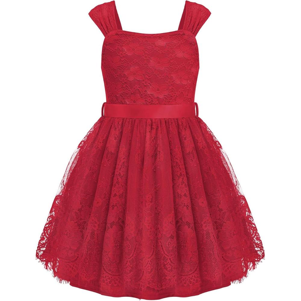 image:imageArshiner Flower Girl Dress ALine Formal Lace Party Dresses for Wedding Communion Princess Holiday Sundress with BeltRed