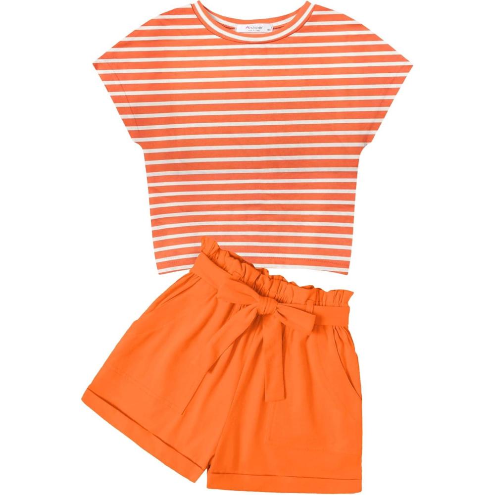 image:imageArshiner Girls 2 Piece Outfit Summer Drop Shoulder Batwing Sleeve Tops and Paperbag Waist Shorts Set Cute Clothing Size 614Orangestrips