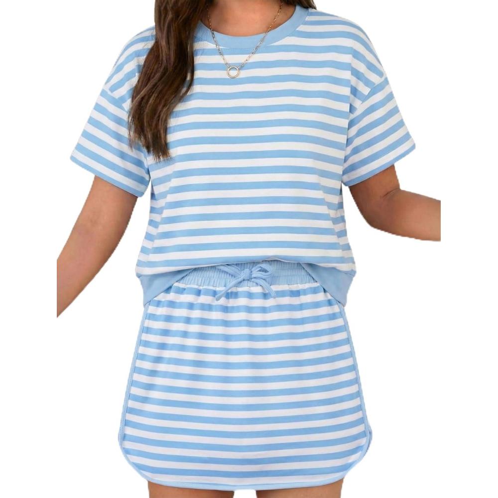 image:imageArshiner Girls 2 Piece Outfits Summer Clothes Short Sleeve Drop Shoulder Shirt and Skirt with Builtin Shorts Athletic SetsBlue Stripe