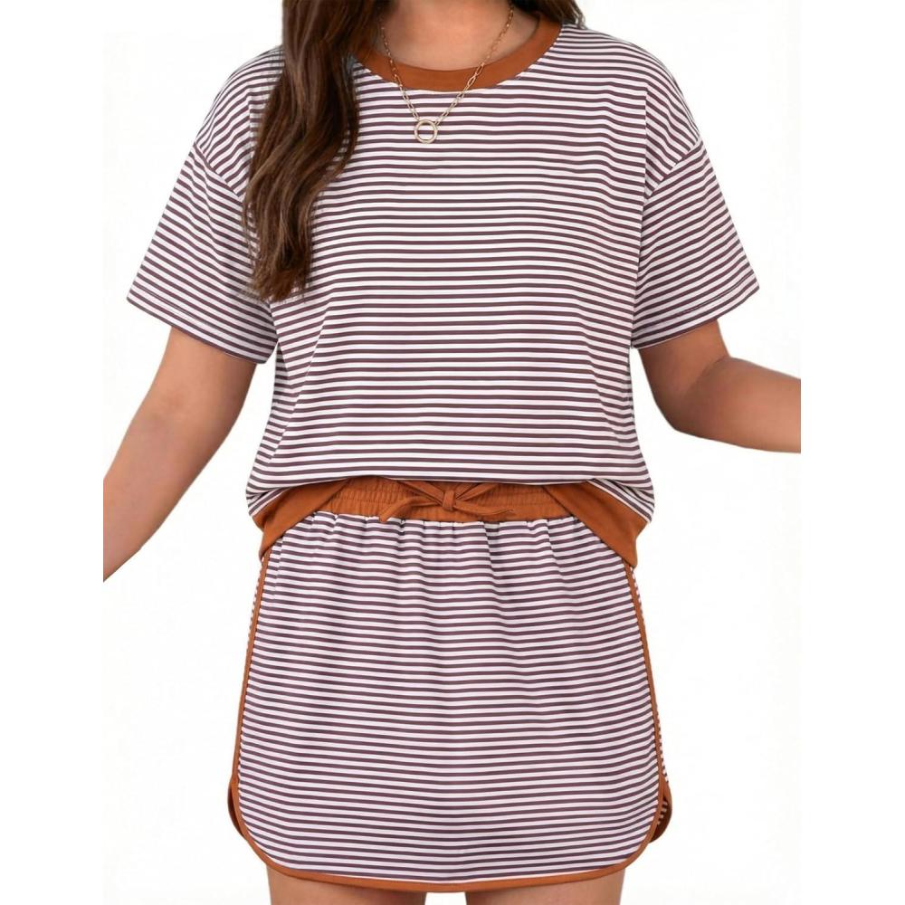 image:imageArshiner Girls 2 Piece Outfits Summer Clothes Short Sleeve Drop Shoulder Shirt and Skirt with Builtin Shorts Athletic SetsBrown Stripe