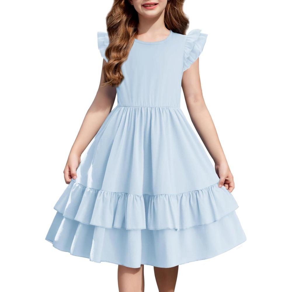 image:imageArshiner Girls Dress Tween Boho Flutter Sleeve Tiered A Line Summer Dresses with PocketsBlue