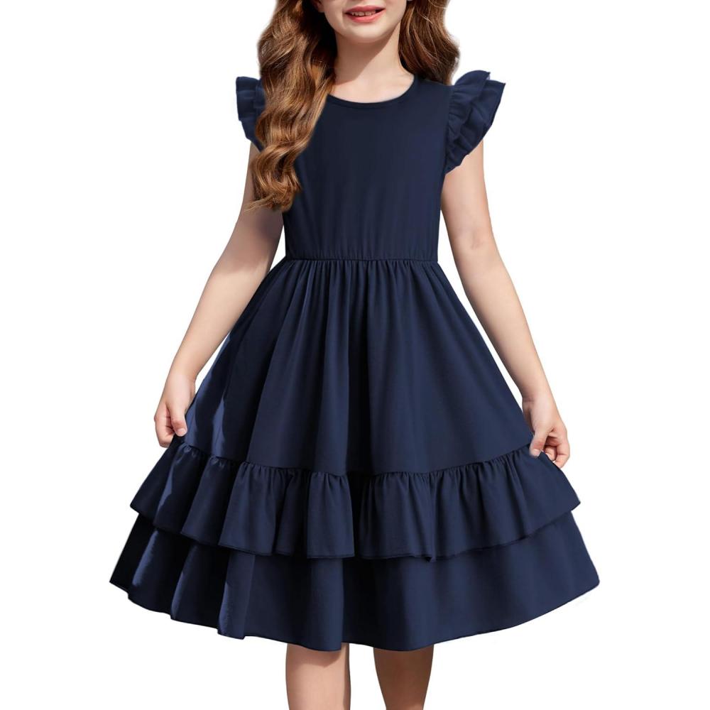 image:imageArshiner Girls Dress Tween Boho Flutter Sleeve Tiered A Line Summer Dresses with PocketsDark Blue