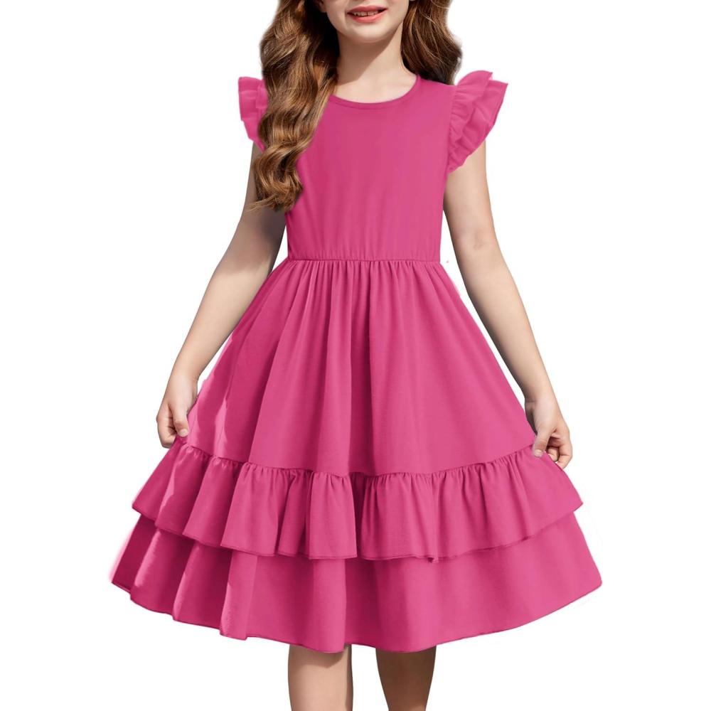 image:imageArshiner Girls Dress Tween Boho Flutter Sleeve Tiered A Line Summer Dresses with PocketsHot Pink