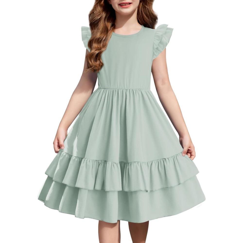 image:imageArshiner Girls Dress Tween Boho Flutter Sleeve Tiered A Line Summer Dresses with PocketsLight Green