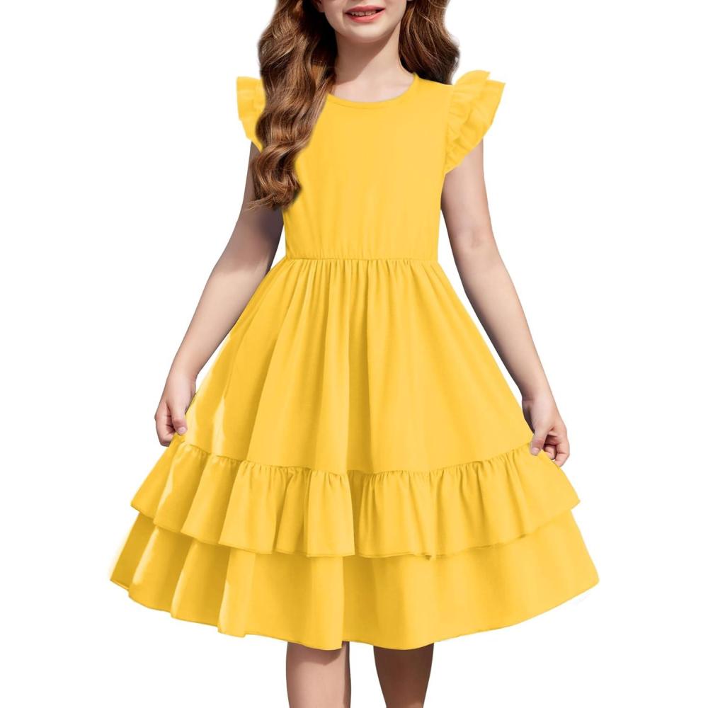 image:imageArshiner Girls Dress Tween Boho Flutter Sleeve Tiered A Line Summer Dresses with PocketsTurmeric