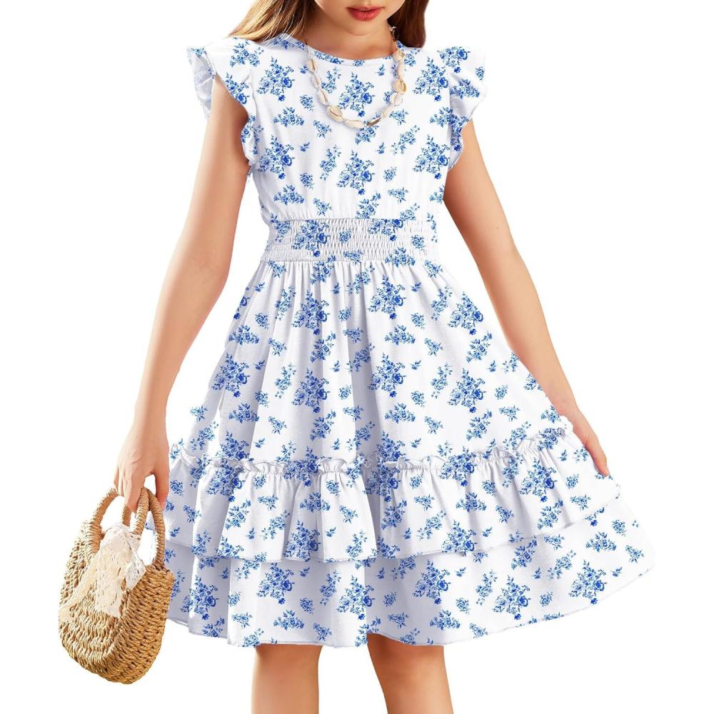 image:imageArshiner Girls Dresses Flutter Sleeve ALine Sundress Casual Summer Tiered Swing Midi Pocket DressBlue Floral