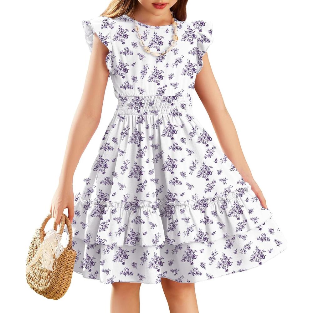 image:imageArshiner Girls Dresses Flutter Sleeve ALine Sundress Casual Summer Tiered Swing Midi Pocket DressPurple Floral