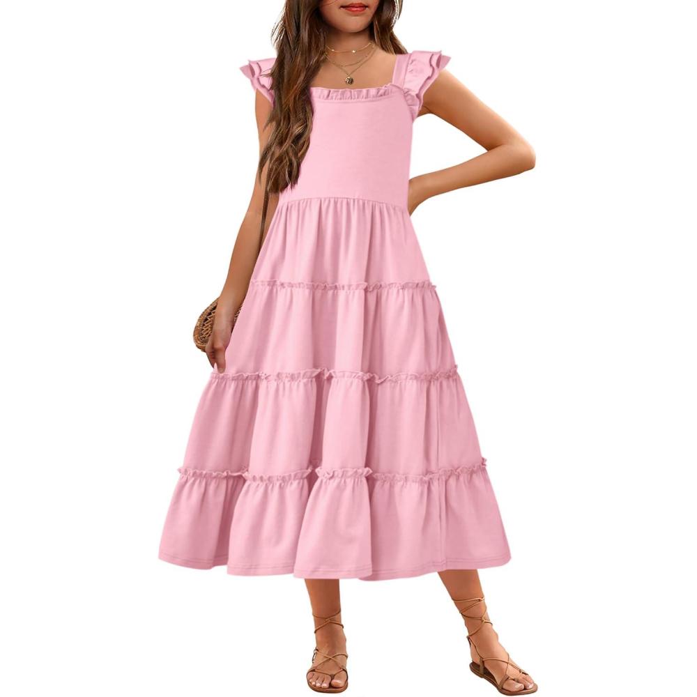image:imageArshiner Girls Maxi Summer Short Flutter Sleeve Casual Dress with Pockets for 414 YPink