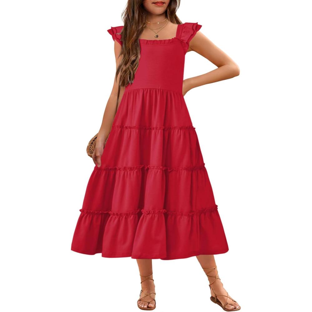 image:imageArshiner Girls Maxi Summer Short Flutter Sleeve Casual Dress with Pockets for 414 YRed