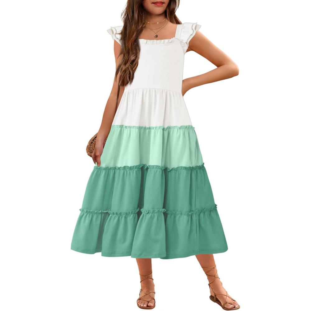 image:imageArshiner Girls Maxi Summer Short Flutter Sleeve Casual Dress with Pockets for 414 YWhite Light Green