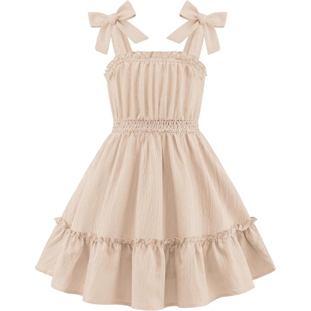 image:imageArshiner Girls Summer Dress BowTie Straps Sleeveless Flowy Ruffle Trim Boho Beach Casual SundressBeige