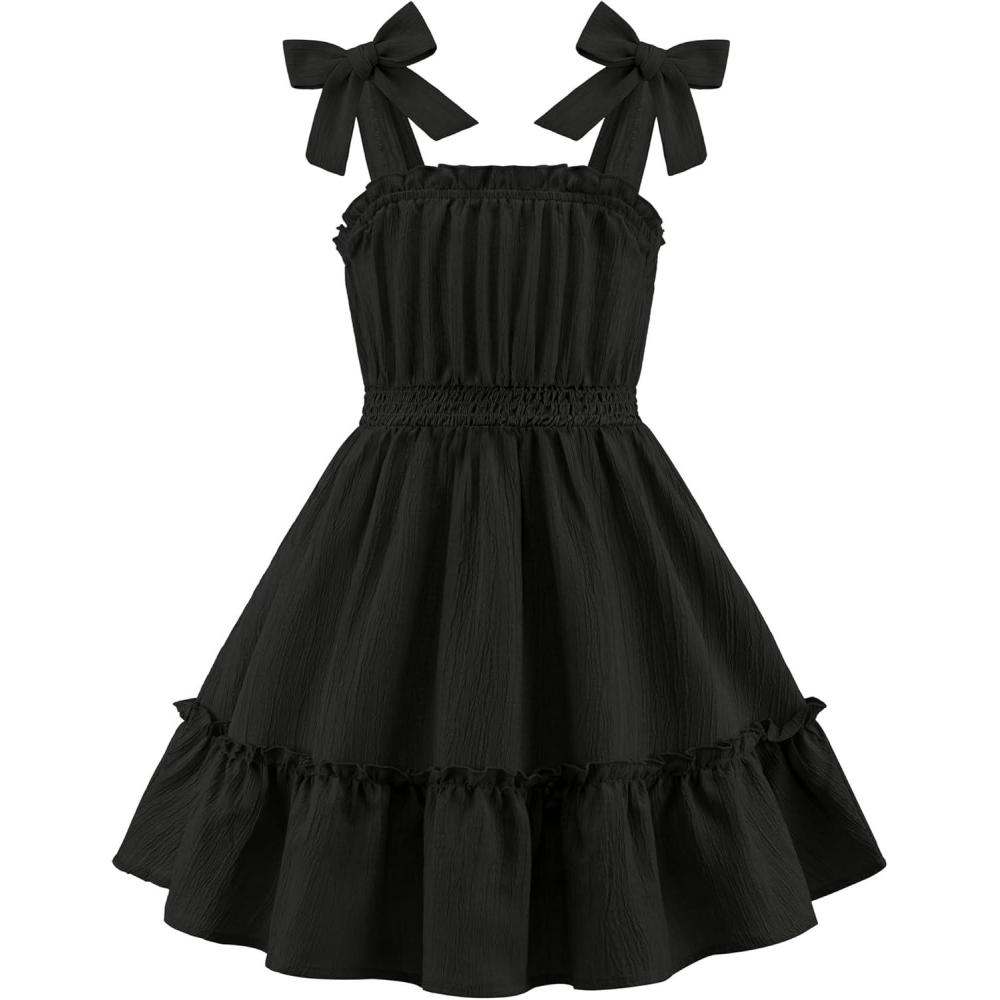 image:imageArshiner Girls Summer Dress BowTie Straps Sleeveless Flowy Ruffle Trim Boho Beach Casual SundressBlack